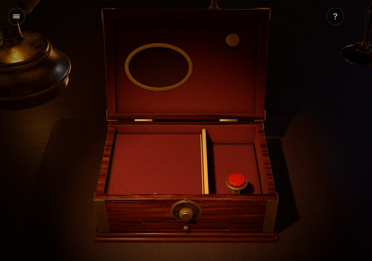 The jewelry box open, an empty oval frame in the lid